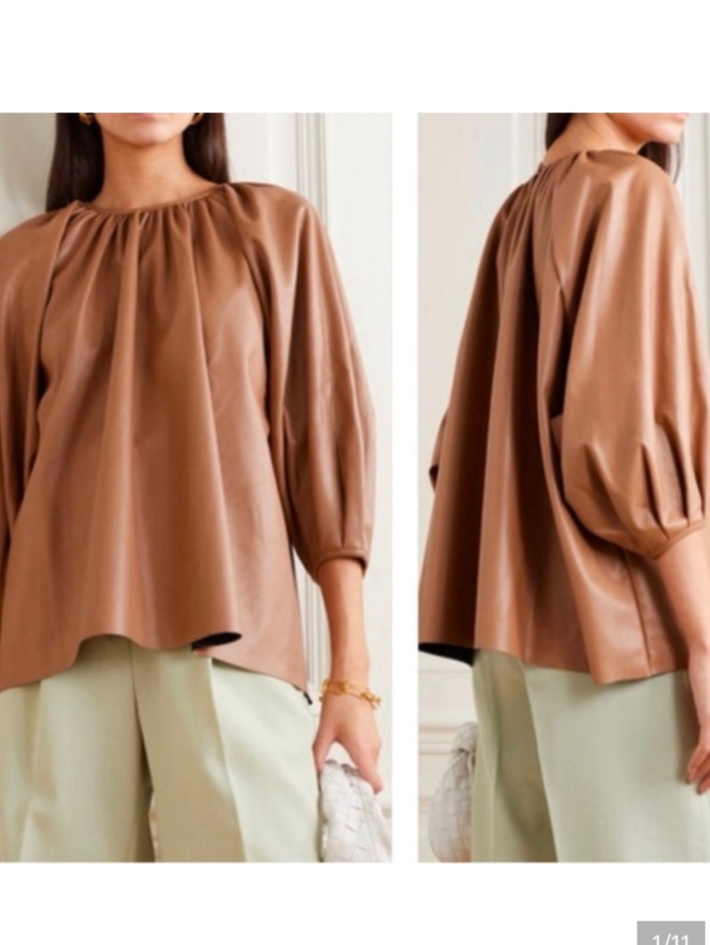 The Frankie Shop Gathered Faux Leather Brown Oversized Balloon Sleeve Size M